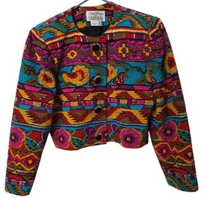 Vintage Rickie Freeman For Teri Jon Quilted Silk Crop Blazer Multicolor Sz10 80s